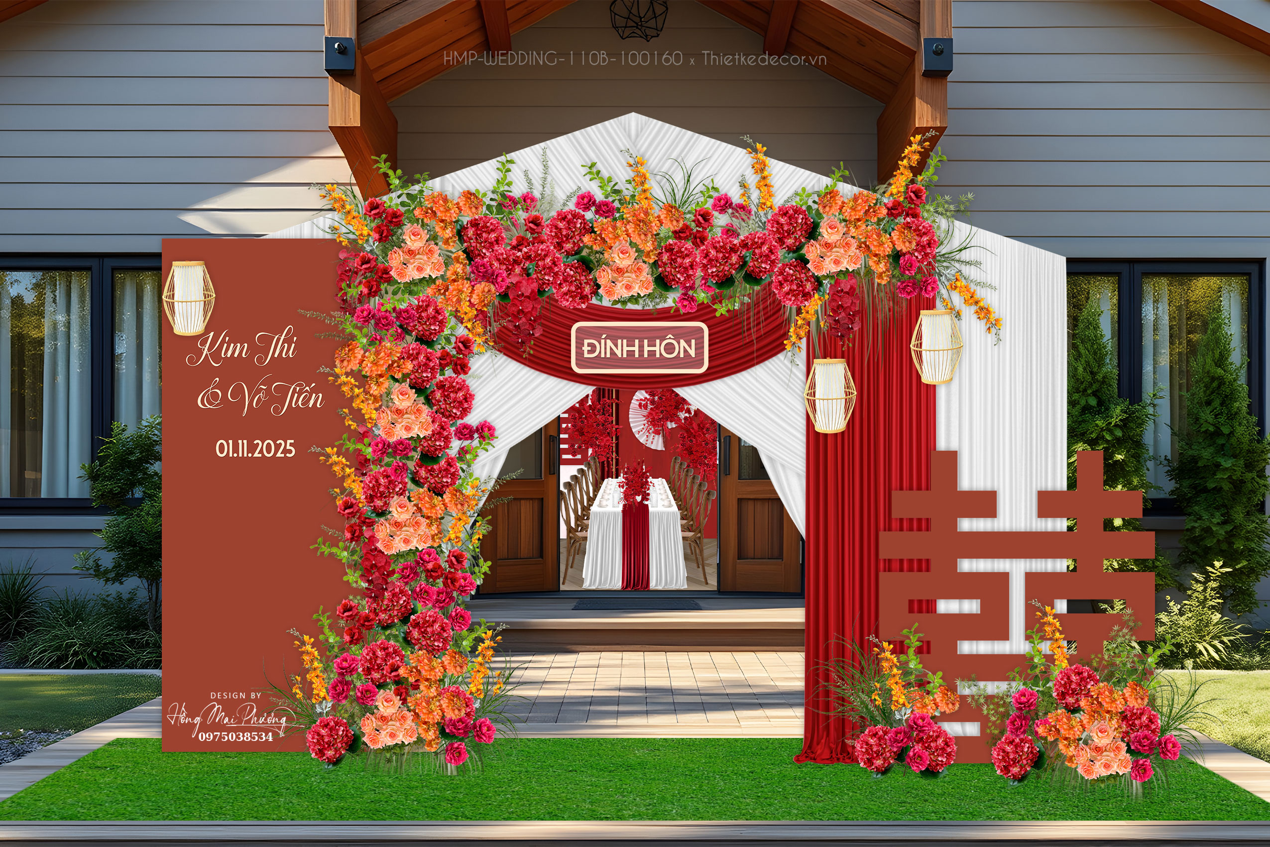 Cổng cưới toen đỏ - cam trầu lạ phối rèm, đèn cùng tone.